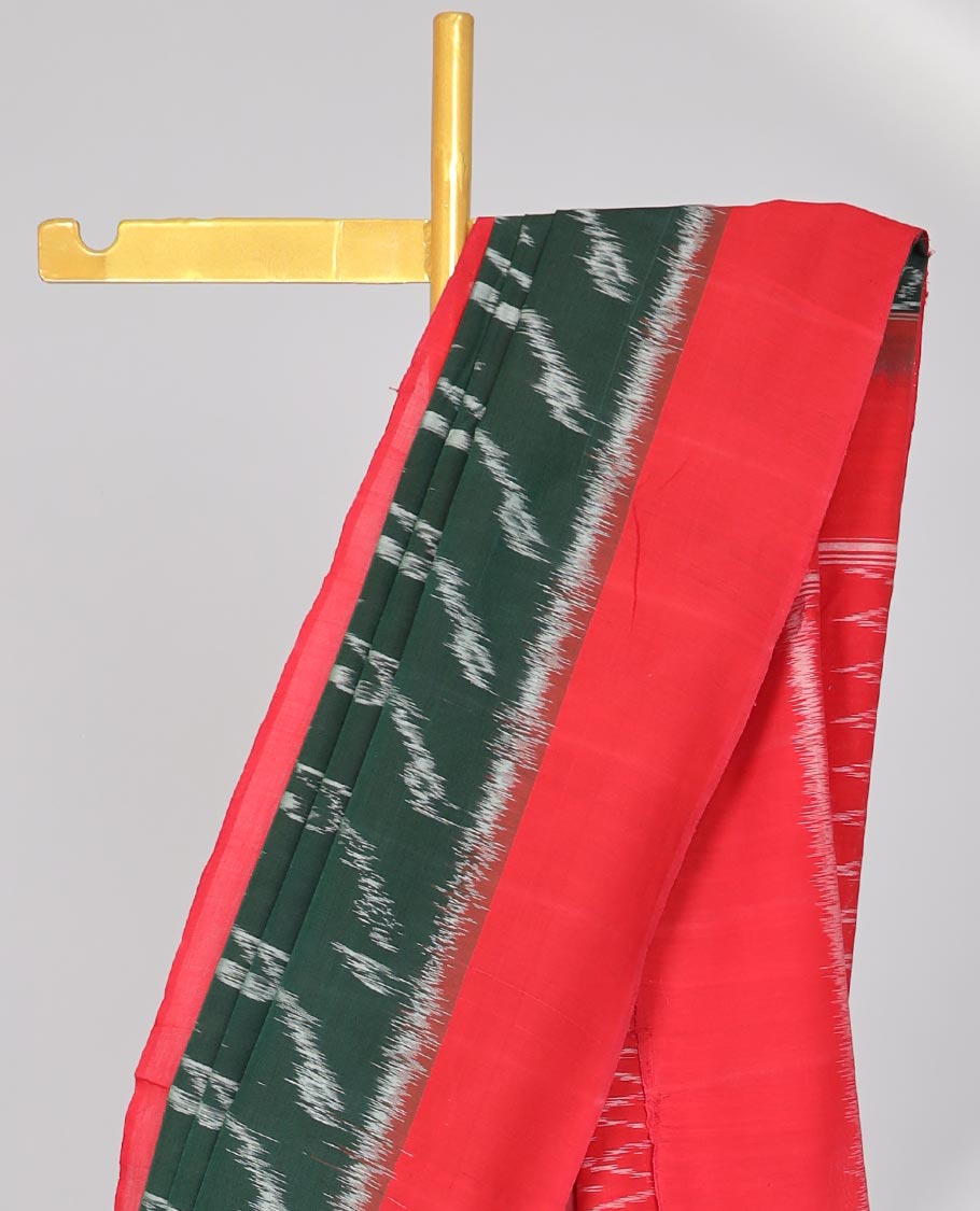 Green Vine design Ikkat Cotton Saree with contrast plain border & geometric design pallu
