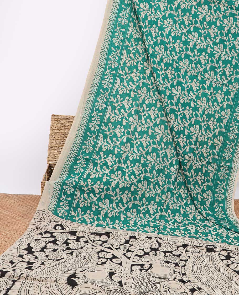 Green batik floral design machine-printed kalamkari cotton saree with contrast border & floral, peacock design pallu