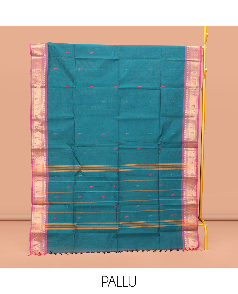 Blue Chettinad Cotton Saree, Steeped with Muniya Buttas on Its Body, Complemented by a Contrast Traditional Muniya Border, Pallu of Stripes, and Paired with a Matching Blouse