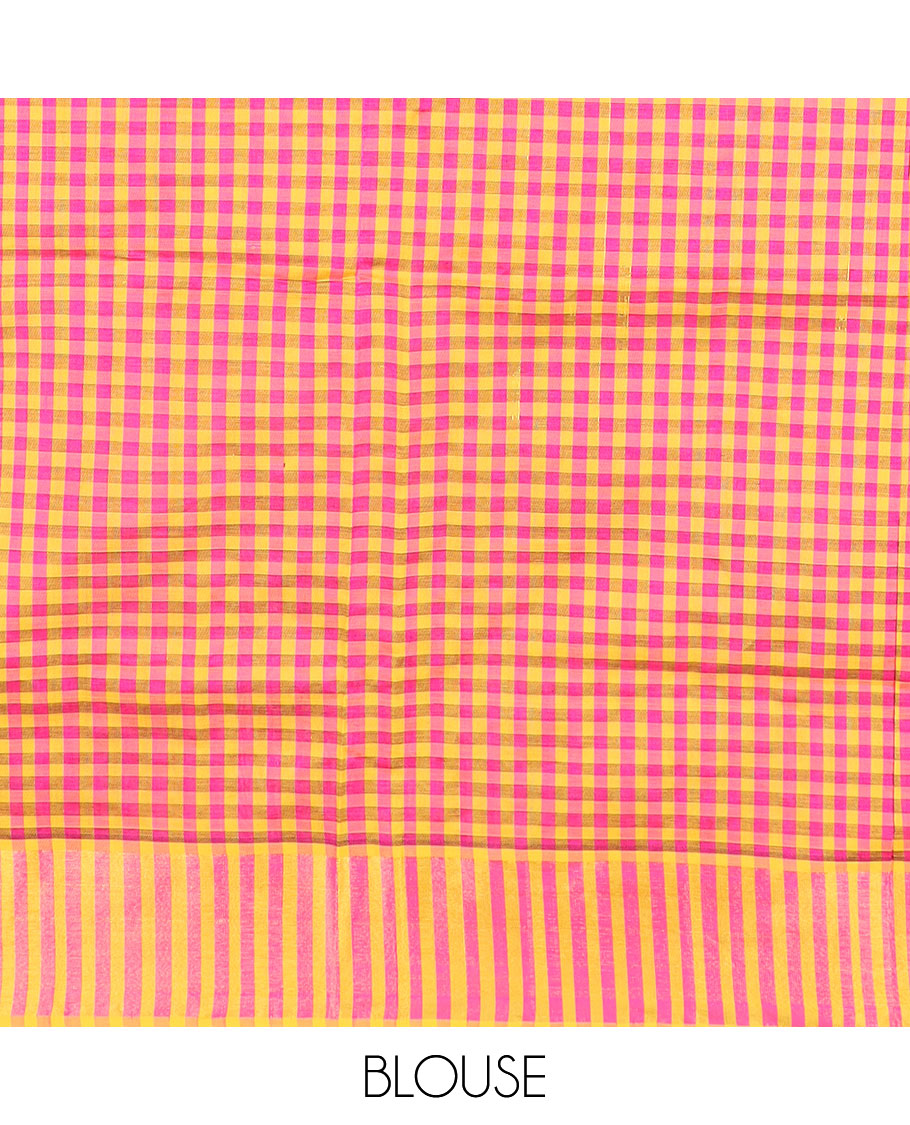 Pink buttas poly cotton saree, bavanji border, and checked pallu