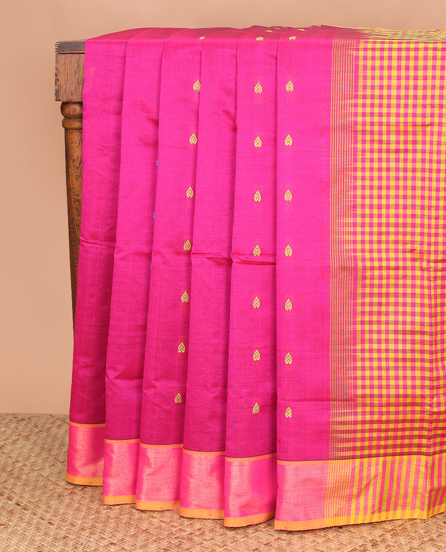 Pink buttas poly cotton saree, bavanji border, and checked pallu