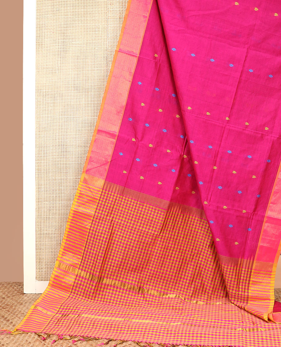 Pink buttas poly cotton saree, bavanji border, and checked pallu