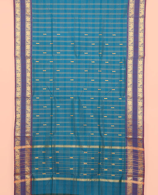 Blue Nine Yard Cotton Saree, Subtly Woven with Butta Enclosed Checks, Complemented by Contrast Rettai Pettu Border, Pallu of Stripes and Buttas, and Comes Without a Blouse