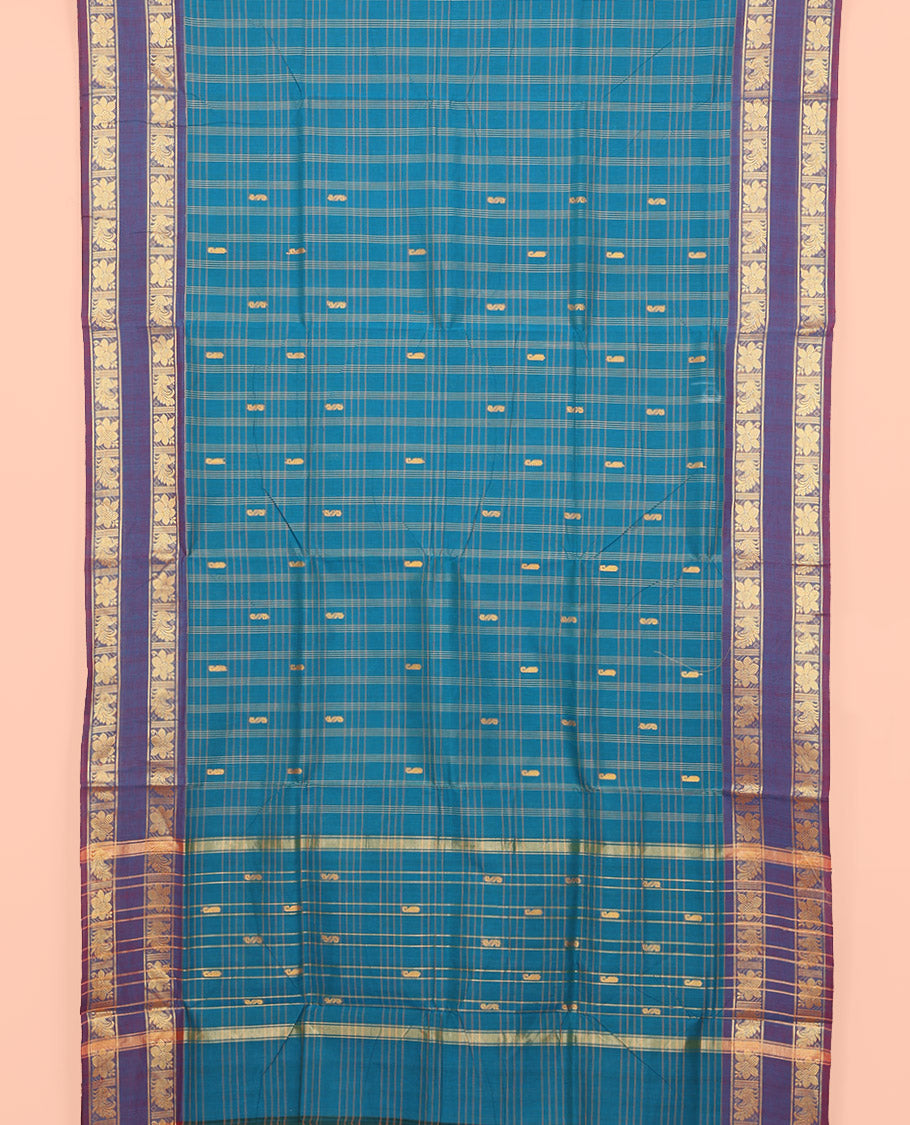 Blue Nine Yard Cotton Saree, Subtly Woven with Butta Enclosed Checks, Complemented by Contrast Rettai Pettu Border, Pallu of Stripes and Buttas, and Comes Without a Blouse