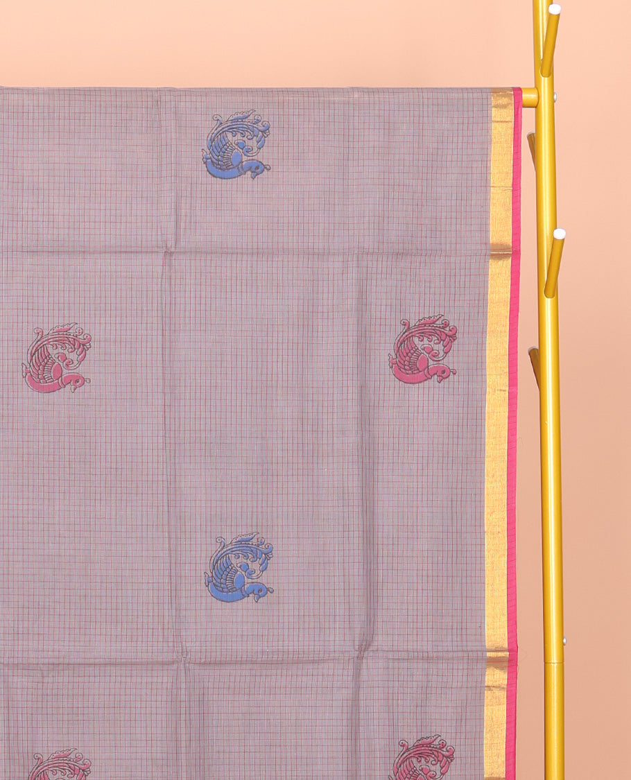 Grey Venkatagiri Cotton Saree, Delicately Printed with Peacock Buttas and Checks, a Contrast Traditional Zari Border, Pallu of Stripes, and No Blouse
