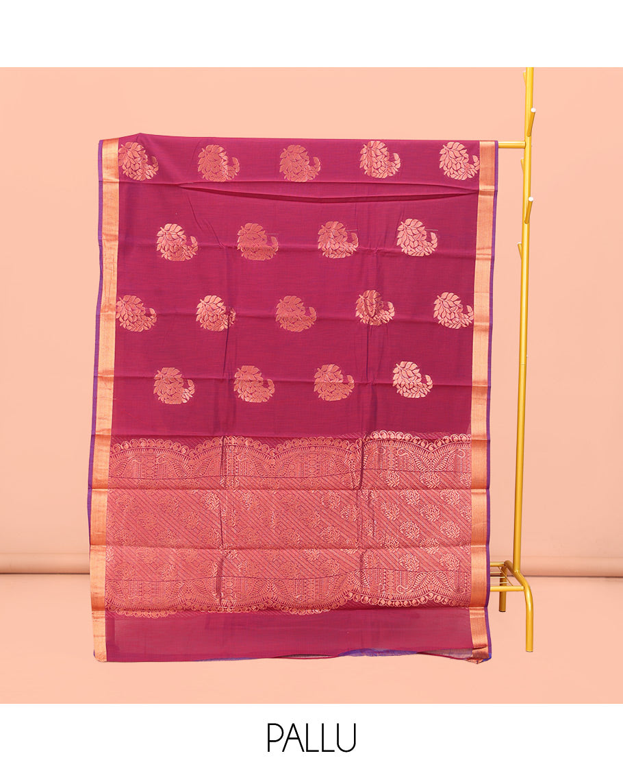 Red Semi-Silk Cotton Saree, Finely Woven with Paisley Zari Buttas All Over Its Body, Complemented by a Contrast Border, Intricately Designed Pallu, and Paired with a Matching Blouse
