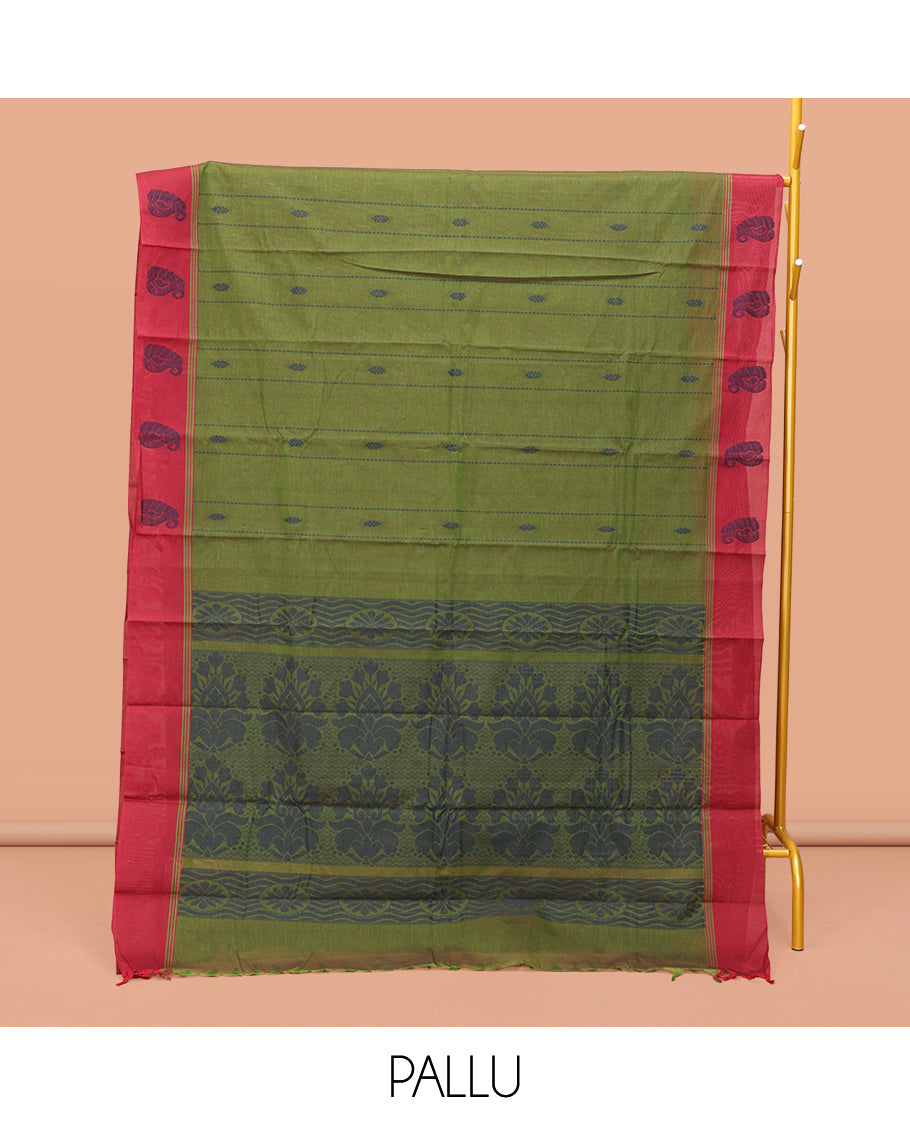 Green Kanchi Cotton Saree, Woven with Buttas on Its Body, Complemented by a Contrast Border, Pallu of Intricate Design, and a Matching Blouse