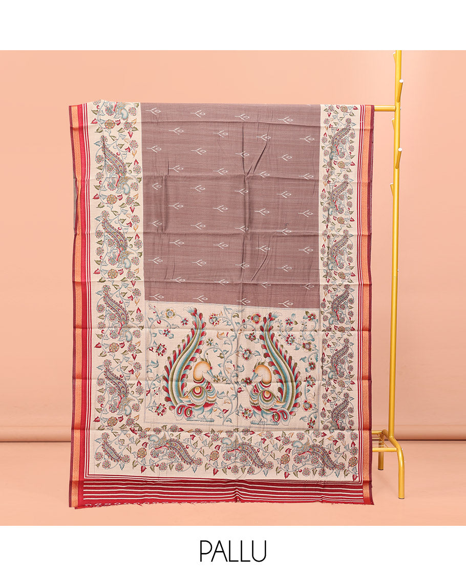 Brown Kanchi Cotton Saree, Adorned with Buttas All Over Its Body, Complemented by a Contrast Border of Kalamkari Peacock Print, Pallu of Kalamkari Peacock Print, and Paired with a Contrast Blouse