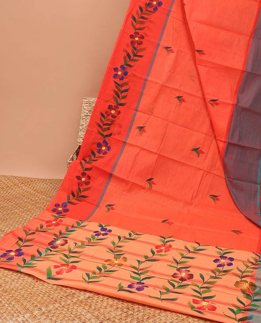 Orange floral motifs chirla cottton saree with contrast floral vine design border & floral, striped design pallu