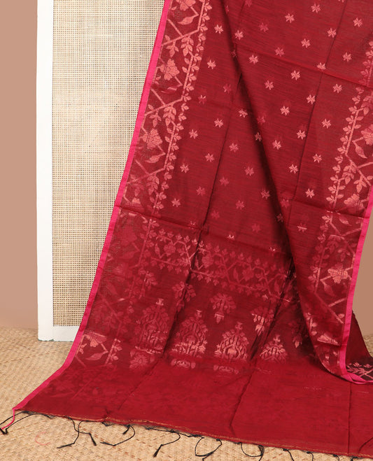 Carmine red zari buttas Kadhi cotton saree, paithani-style floral-theme zari woven border & paithani-style motifs zari woven pallu