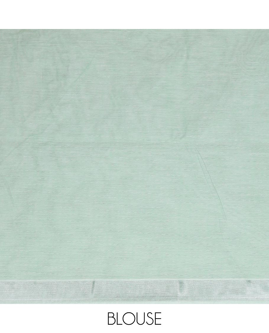 Green plain design jute cotton saree, zari border & striped pallu