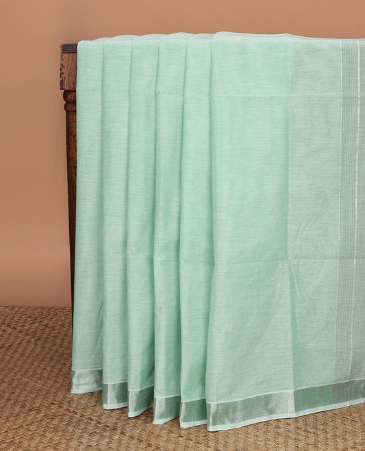 Green plain design jute cotton saree, zari border & striped pallu