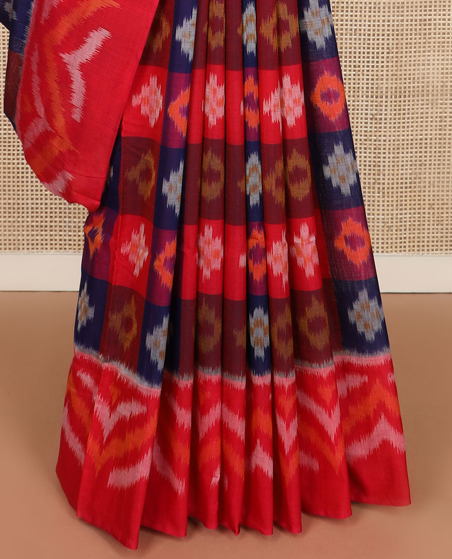 Multi-color butta enclosed checked Pochampally cotton saree, contrast zig-zag design border & triangle motifs steeped pallu