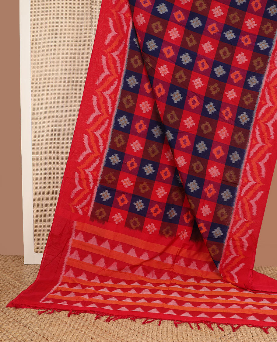 Multi-color butta enclosed checked Pochampally cotton saree, contrast zig-zag design border & triangle motifs steeped pallu