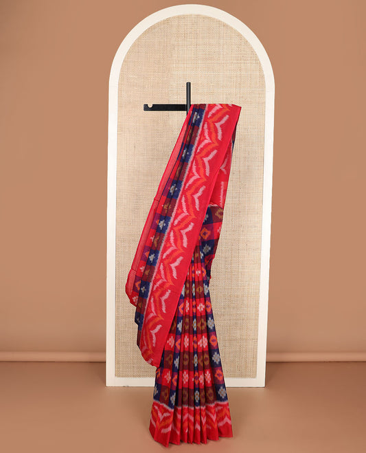 Multi-color butta enclosed checked Pochampally cotton saree, contrast zig-zag design border & triangle motifs steeped pallu