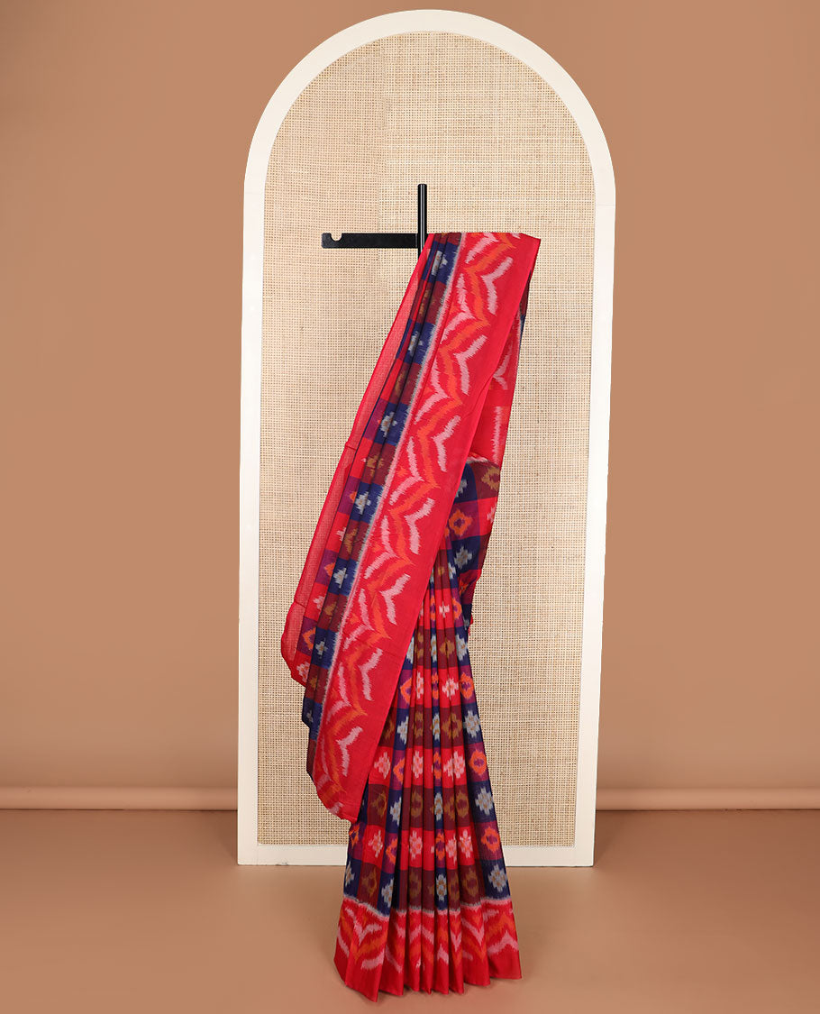 Multi-color butta enclosed checked Pochampally cotton saree, contrast zig-zag design border & triangle motifs steeped pallu