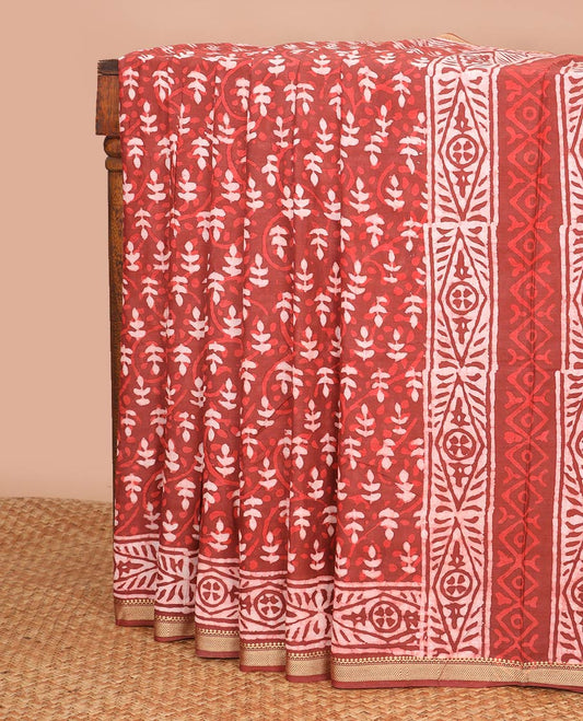 Red Brown floral design chanderi cotton saree with self zari border & floral design pallu