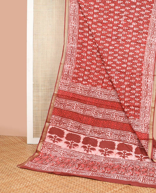 Red Brown floral design chanderi cotton saree with self zari border & floral design pallu