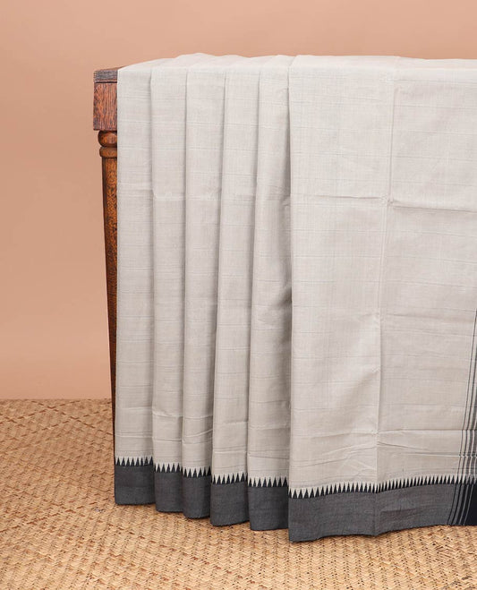 Light grey checked coimbatore cotton saree with contrast temple border & striped pallu
