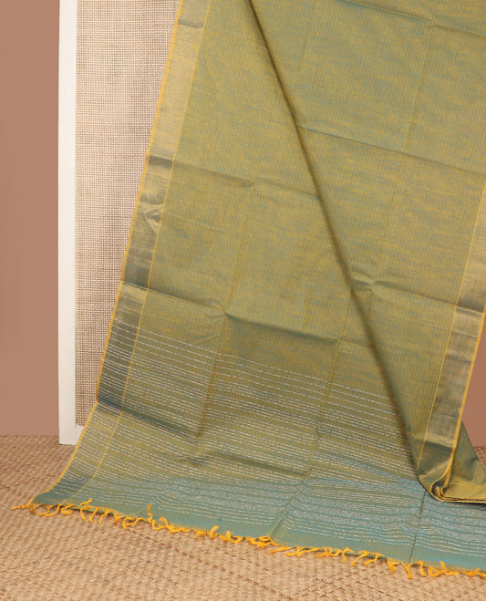 Green striped jute cotton saree, zari border & striped pallu