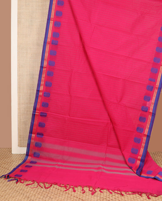 Pink striped Chettinad cotton saree, traditional zari & thread border & pallu of stripes