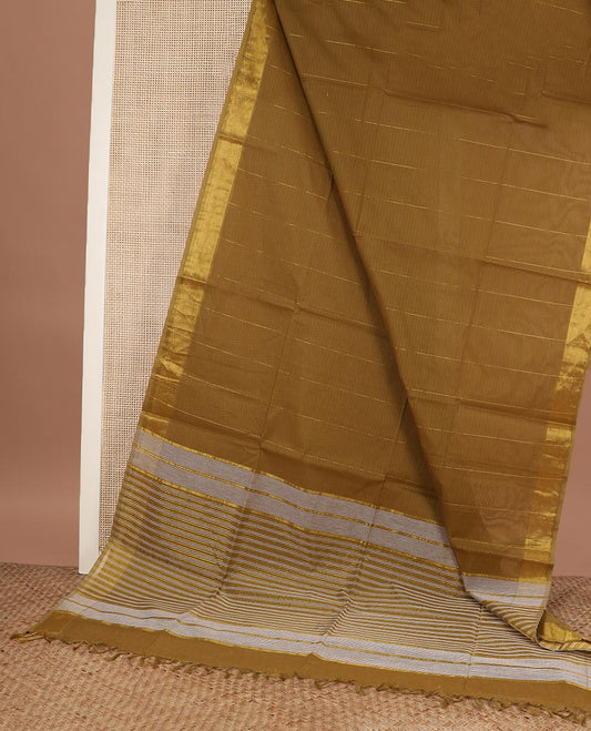 Mustard zari striped jute cotton saree, zari border and striped pallu