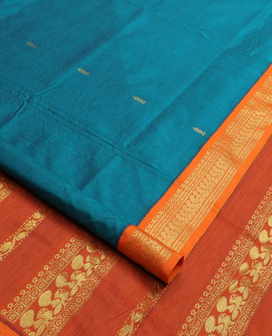 Peacock blue buttas nine-yard cotton saree, contrast traditional zari border, and pallu steeped with traditional motifs