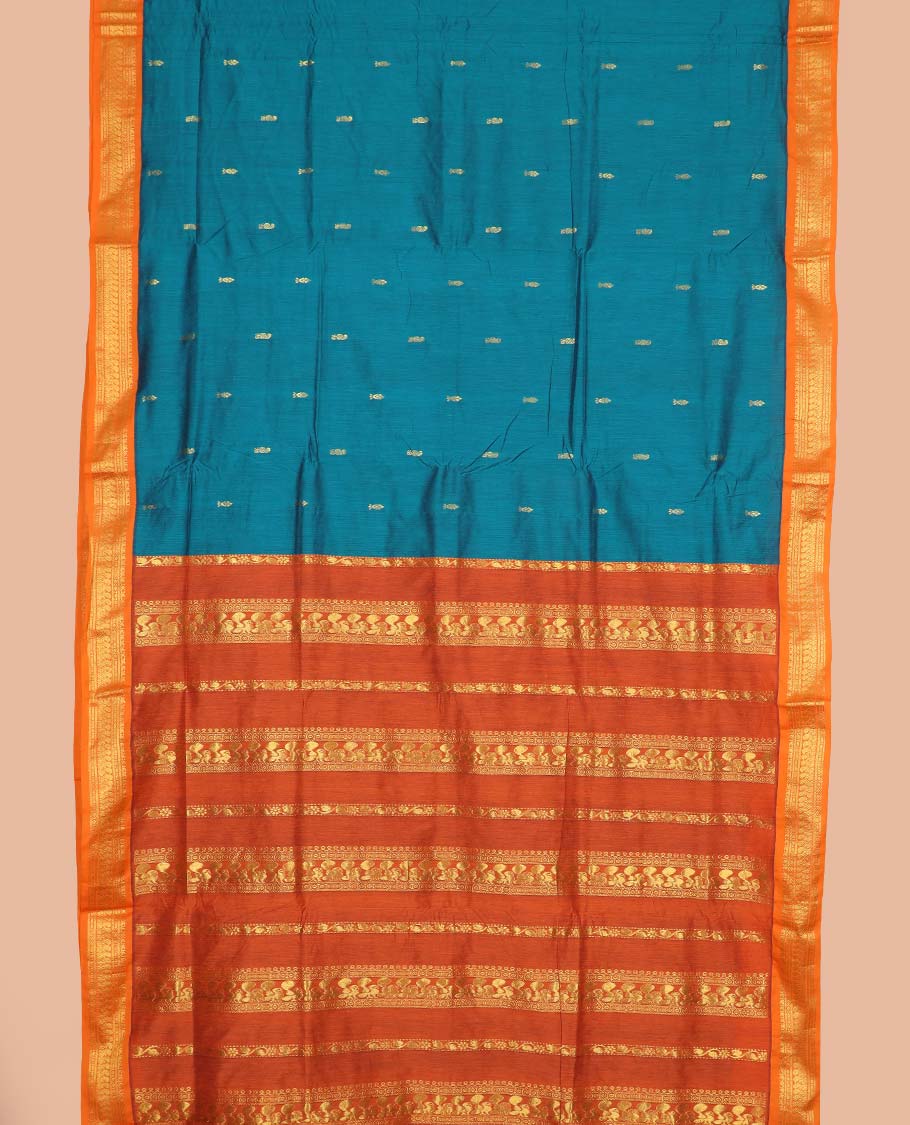 Peacock blue buttas nine-yard cotton saree, contrast traditional zari border, and pallu steeped with traditional motifs