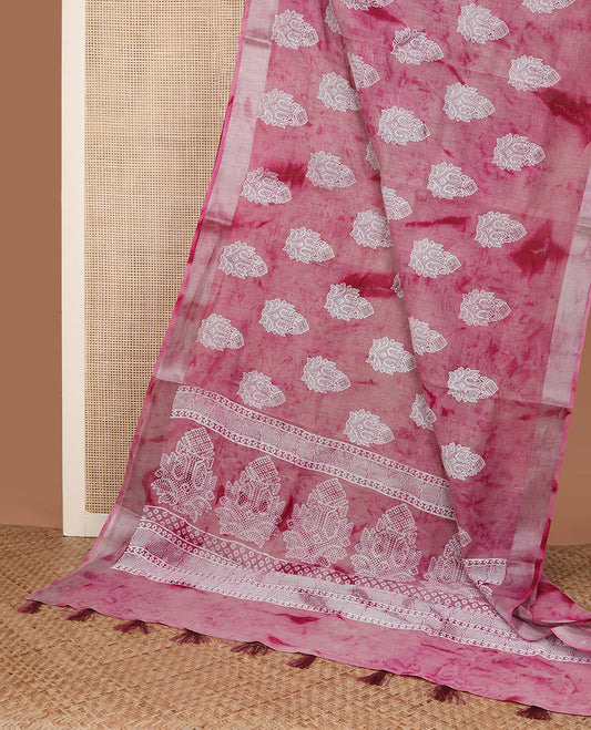 Pink shibori printed with unique motifs cotton saree, zari border and intricate pallu