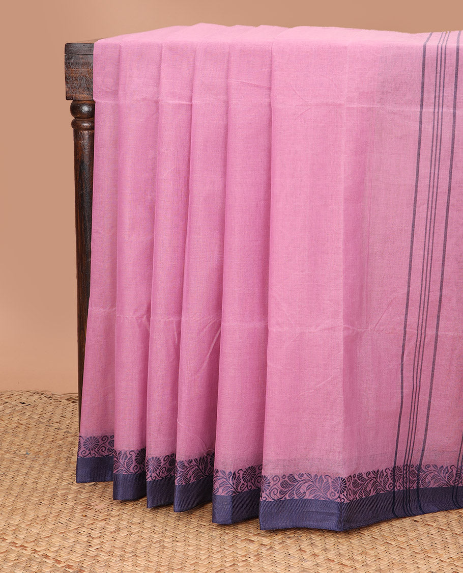 Pink plain Bengal cotton saree, contrast floral creeper border, and pallu of stripes