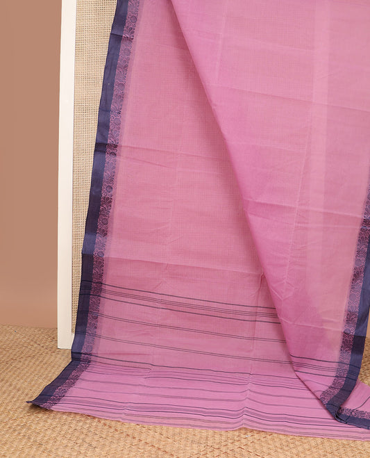 Pink plain Bengal cotton saree, contrast floral creeper border, and pallu of stripes