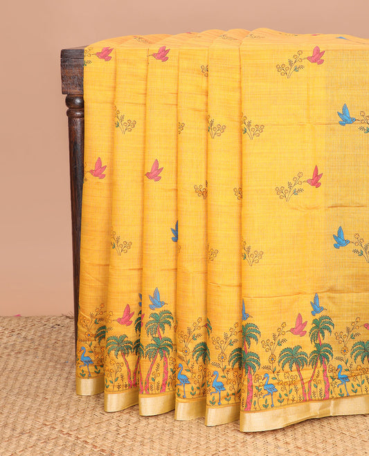 Yellow floral and bird buttas printed chirala cotton saree, bavanji border, and contrast bird print pallu