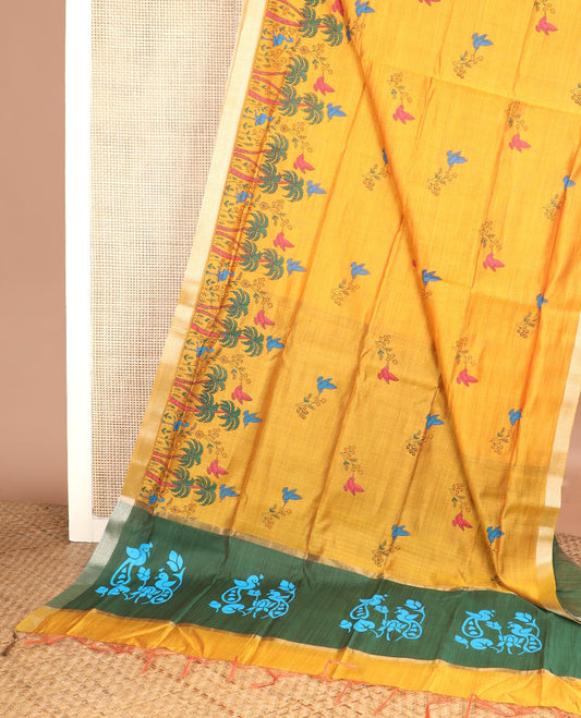 Yellow floral and bird buttas printed chirala cotton saree, bavanji border, and contrast bird print pallu
