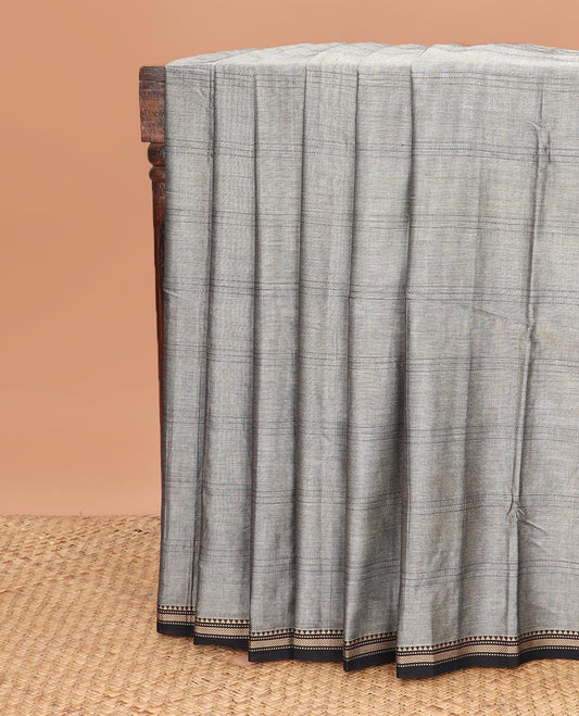 Grey checked Narayanapet cotton saree, contrast traditional thread piping border, and contrast striped pallu