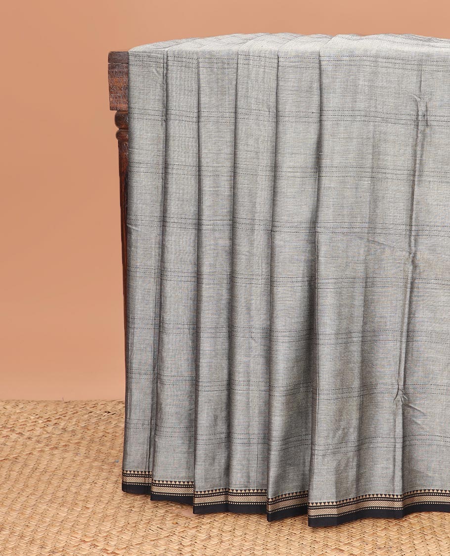 Grey checked Narayanapet cotton saree, contrast traditional thread piping border, and contrast striped pallu