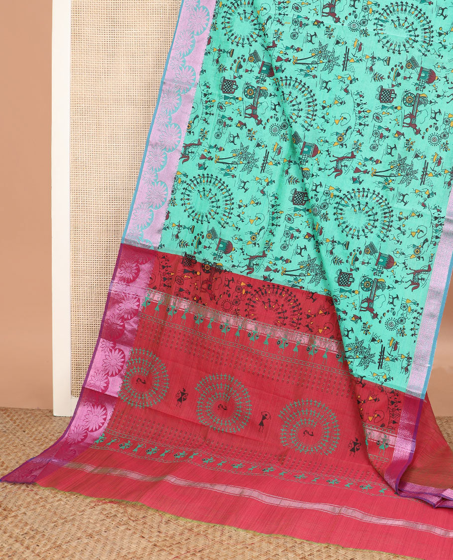 Turquoise warli village printed Andhra cotton saree, zari floral border, and contrast warli printed pallu
