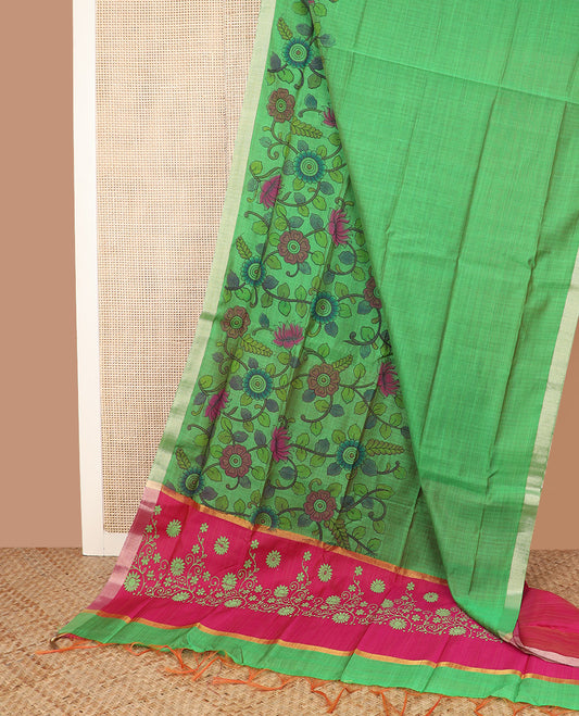 Green kalamkari floral vine printed Chirala cotton saree, plain border, and contrast floral printed pallu