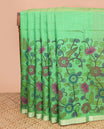 Green kalamkari floral vine printed Chirala cotton saree, plain border, and contrast floral printed pallu