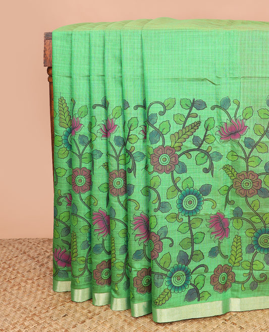 Green kalamkari floral vine printed Chirala cotton saree, plain border, and contrast floral printed pallu