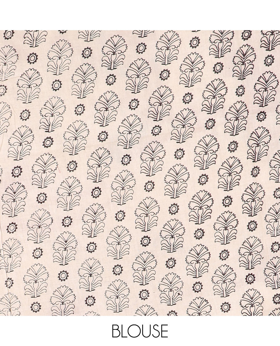 Black base Pichwai cow machine-printed cotton saree, contrast floral creeper border, and pallu of Pichwai cow, and Radha Krishnan motifs