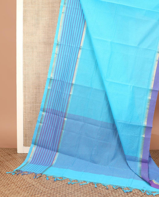 Blue plain Mangalagiri cotton saree with temple zari border of horizontal stripes, striped pallu, and a contrast kalamkari floral printed blouse