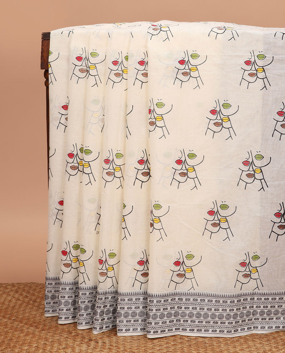Cream face printed chirala cotton saree, traditional design border, and pallu of warli print