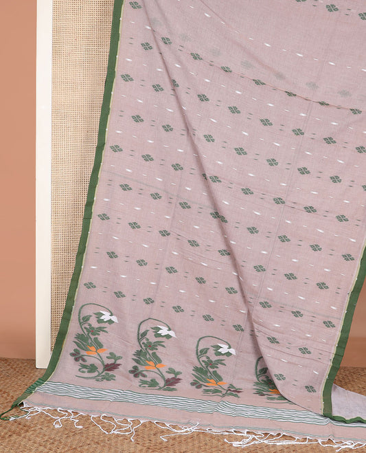 Pastel pink ikkat-style diamond buttas Khadi cotton saree, contrast plain border, and pallu of thread woven jamdani floral designs