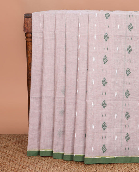 Pastel pink ikkat-style diamond buttas Khadi cotton saree, contrast plain border, and pallu of thread woven jamdani floral designs