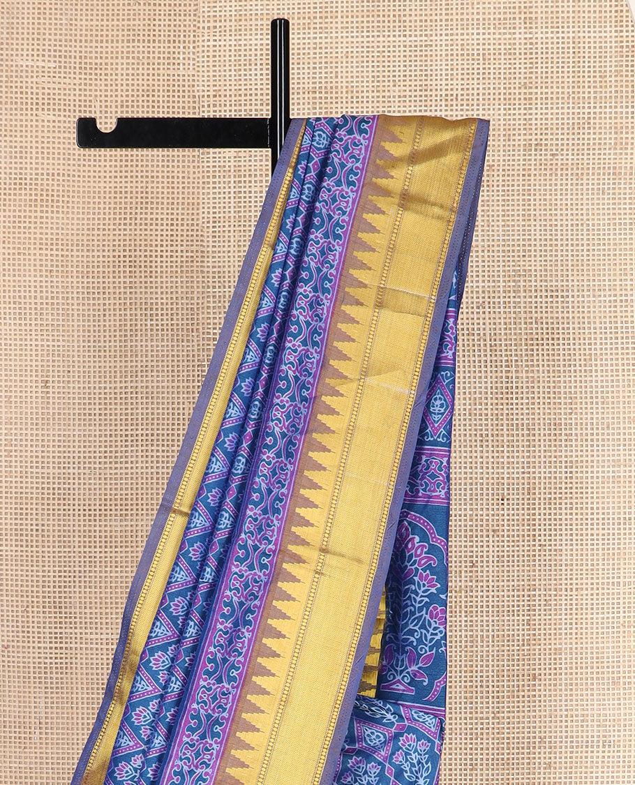 Blue floral motif enclosed jaal semi-banaras patola silk saree, temple border, and pallu of floral motifs print
