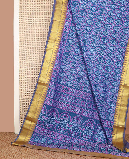 Blue floral motif enclosed jaal semi-banaras patola silk saree, temple border, and pallu of floral motifs print