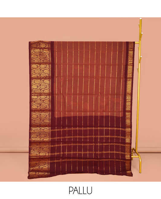 Rust Sungudi Cotton Saree, Embellished with Stripes on Its Body, Complemented by a Contrast Border of Round Peacock and Floral Vine Designs, Zari Striped Pallu, and Has No Blouse
