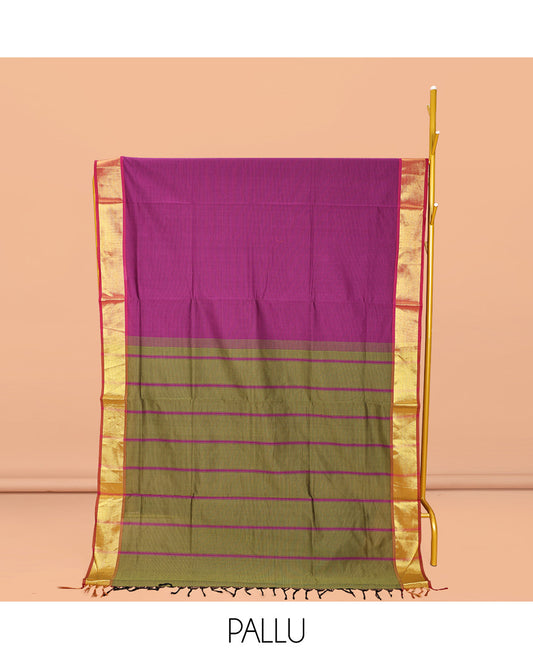 Purple Poly Cotton Saree, Sparsely Sparkled with Stripes On Its Body, Complemented by a Contrast Zari Border, Contrast Striped Pallu, and Paired with a Contrast Blouse