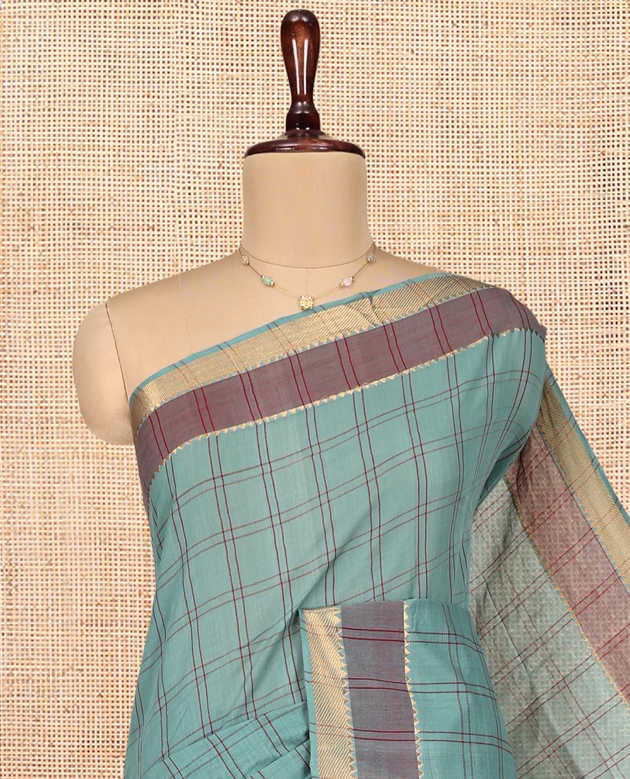 Green Mangalgiri Cotton Saree, Adorned with Checked Design on Its Body, Complemented by Contrast Temple Border, Zari Striped Pallu, and Paired with Contrast Blouse