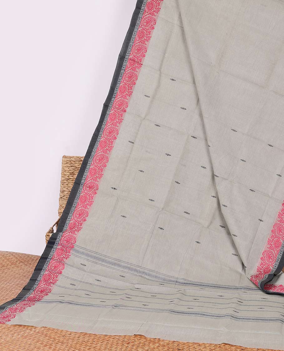 Light Grey buttas Chettinad cotton saree, contrast paisley design border & striped pallu